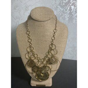 Gold Tone Circular Dangle Necklace With Intricate Design & Adjustable Clasp